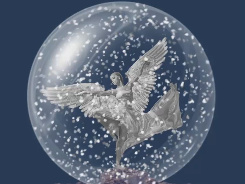 Hallo Winter! Jetzt befindet sich der Schneeengel inmitten einer Schneekugel. Zwischenergebnis der Tänzerin mit Engelsflügeln in einer Schneekugel