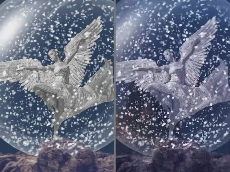 Das große Finale – ein neuer Hintergrund wird eingefügt, der Bild-Look wird feingeschliffen. Tänzerin mit Engelsflügeln in einer Schneekugel vor und nach Einfügen eines neuen Hintergrunds