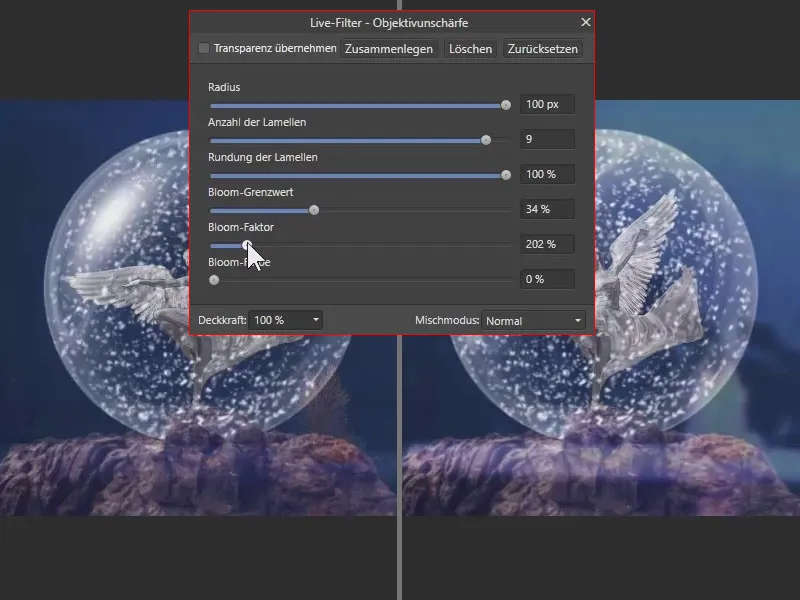 Affinity Photo juhend: Kirjeldus Bloomi tegurist ja objekti hägususe piirväärtusest
