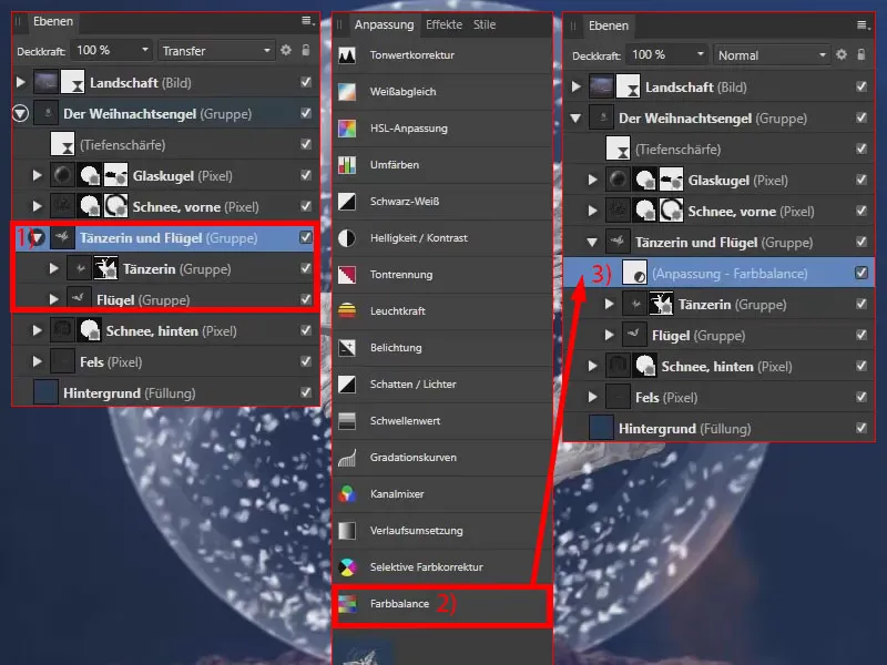 Affinity Photo õpetus: rakenda värvibalanssi ingli peale, et tema välimus ühtiks üldise pildiga.