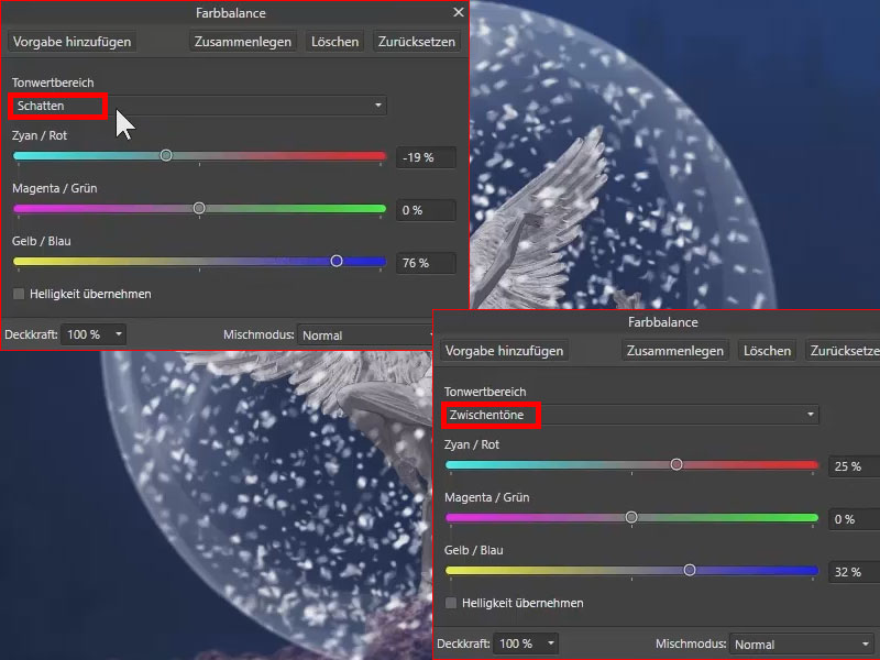 Einstellungen für die Farbbalance des Weihnachtsengels Farbbalance von Affinity Photo anwenden, um Erscheinungsbild der Bildkomposition zu verbessern