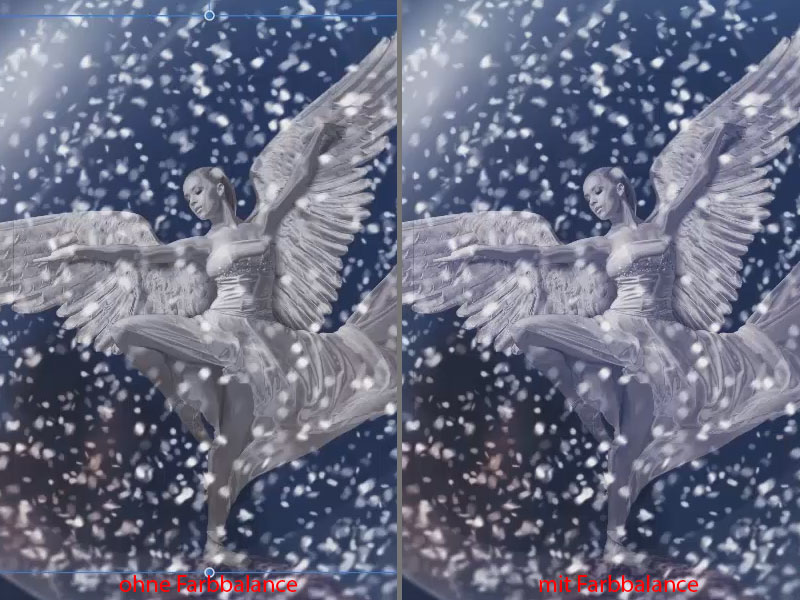 Links ohne, rechts mit Farbbalance: Jetzt fügt sich der Engel auch farblich ins Bild. Vorher-nachher-Vergleich: Farbbalance von Affinity Photo anwenden, um Erscheinungsbild der Bildkomposition zu verbessern