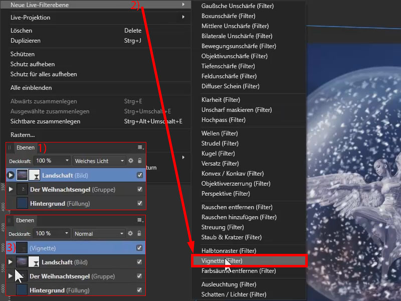 Lege auf das Composing noch eine Vignette. Vignette von Affinity Photo anwenden