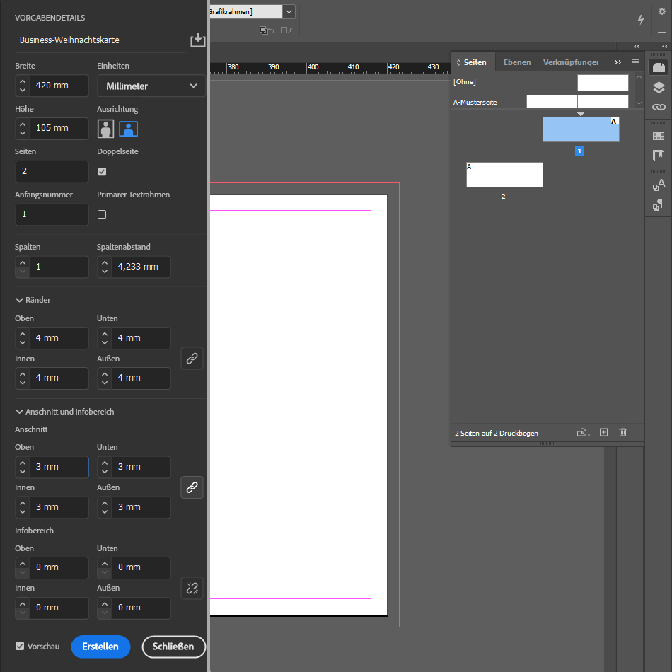 Die Einstellungen für das neue Dokument deiner Business-Weihnachtskarte Weihnachtskarte in InDesign erstellen: Dokument einrichten