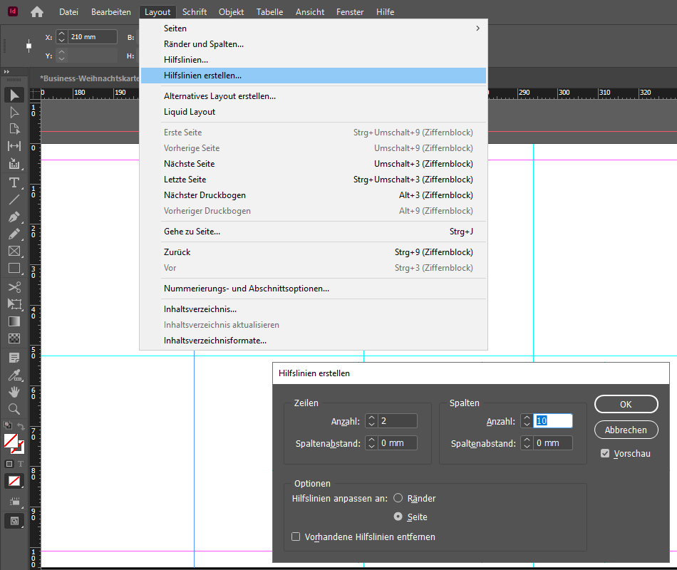 Lege dir auf der ersten Seite das Raster für die spätere Kachelstruktur an. Weihnachtskarte in InDesign erstellen: Hilfslinien erstellen