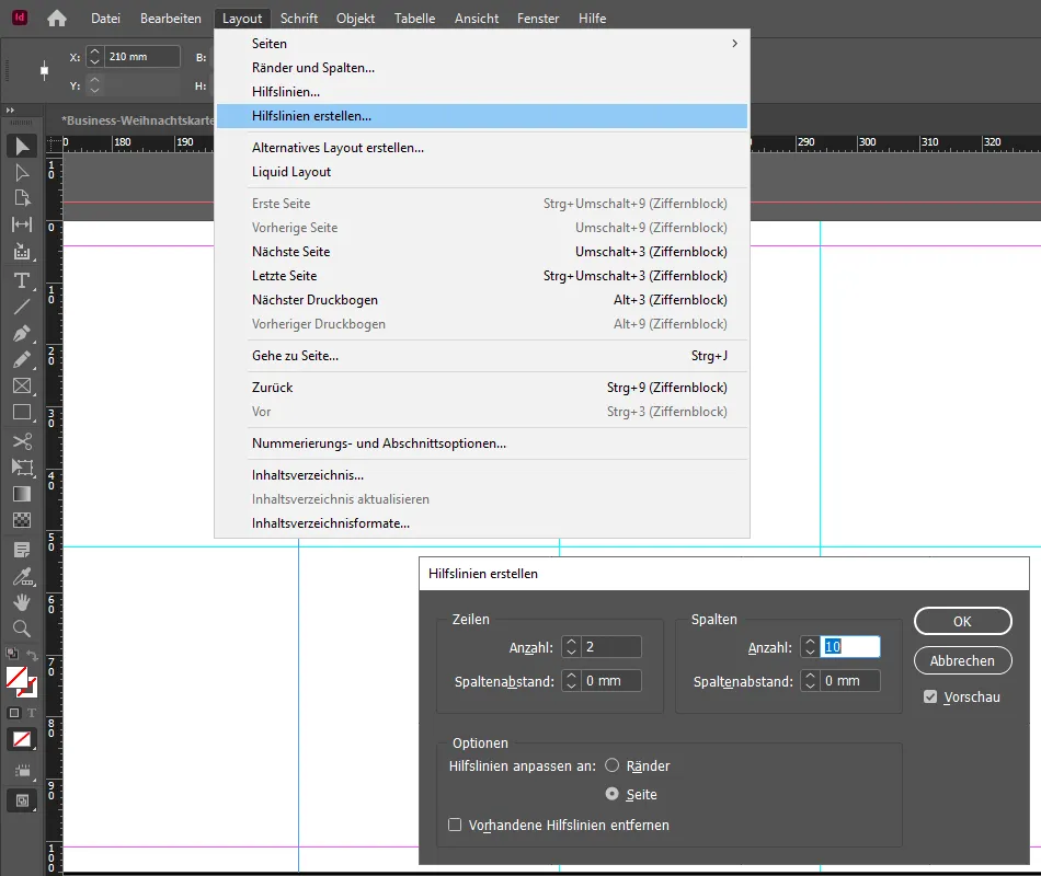 Membuat kartu ucapan bisnis Natal di InDesign: Membuat garis bantu untuk pola ubin
