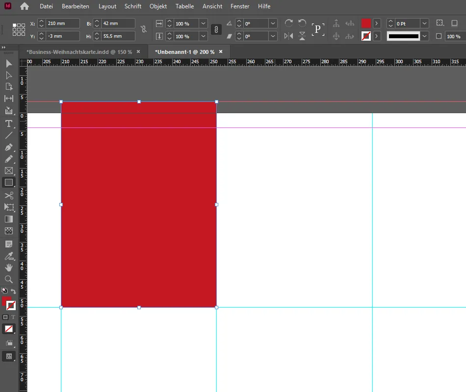 Membuat kartu ucapan bisnis Natal di InDesign: Tarik kotak merah pertama