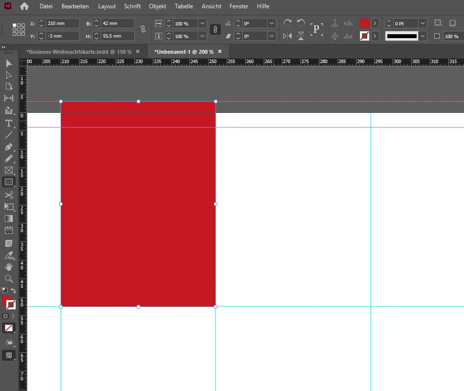 Business-Weihnachtskarte in InDesign erstellen: Erste rote Kachel aufziehen