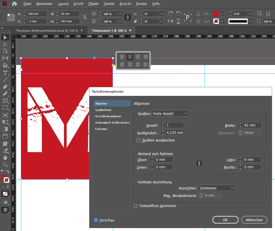 Membuat kartu Natal bisnis di InDesign: Beri teks pada kotak merah