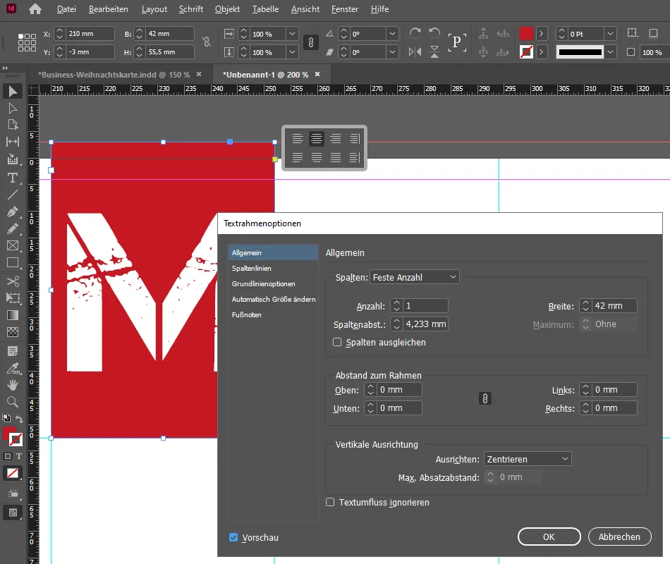 Business-Weihnachtskarte in InDesign erstellen: Rote Kachel mit Text versehen