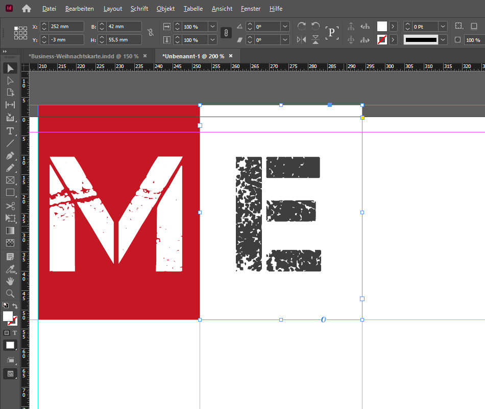 Dupliziere die rote Kachel, ziehe sie in das benachbarte Feld und passe die Farbe von Schrift und Kachel an. Weihnachtskarte in InDesign erstellen: Aufbereitung der Vorderseite