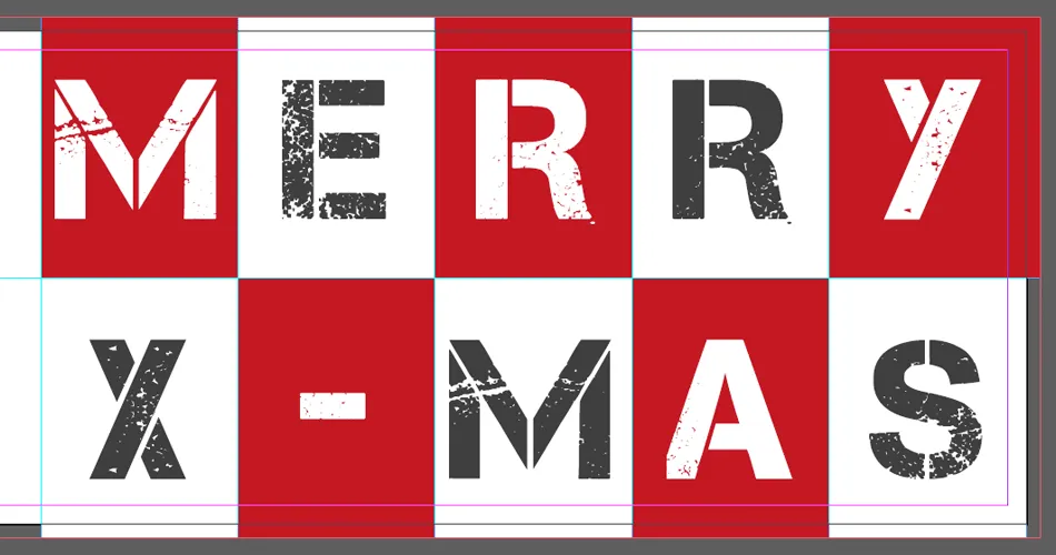 Membuat kartu Natal bisnis di InDesign: Menulis "Merry X-Mas" di dalam tile.