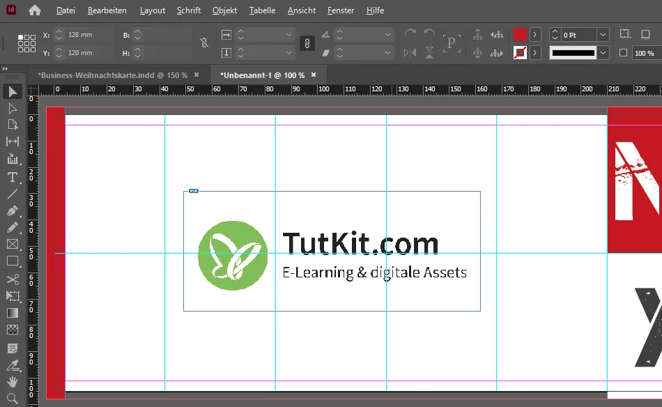 Membuat kartu ucapan Natal bisnis di InDesign: Bagian belakang dengan garis merah dan logo.