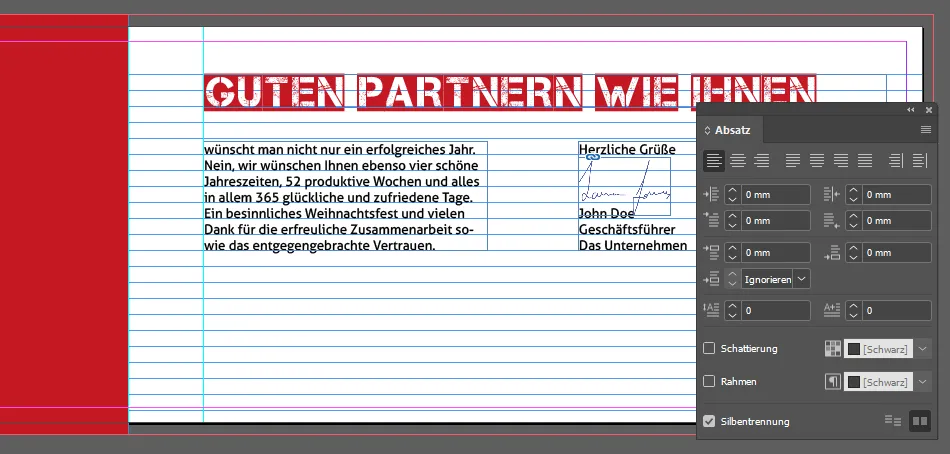 Business-Weihnachtskarte in InDesign erstellen: rechte Innenseite mit Grußtext und Abschlussformel