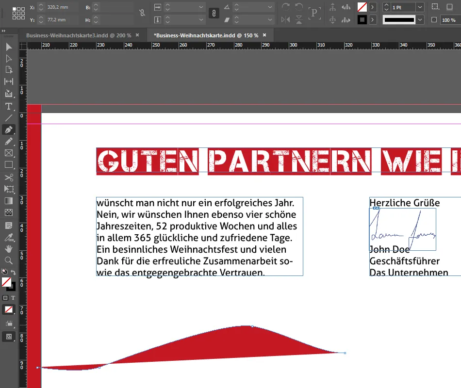 Membuat kartu ucapan bisnis Natal di InDesign: menggambar pemandangan dengan pena.