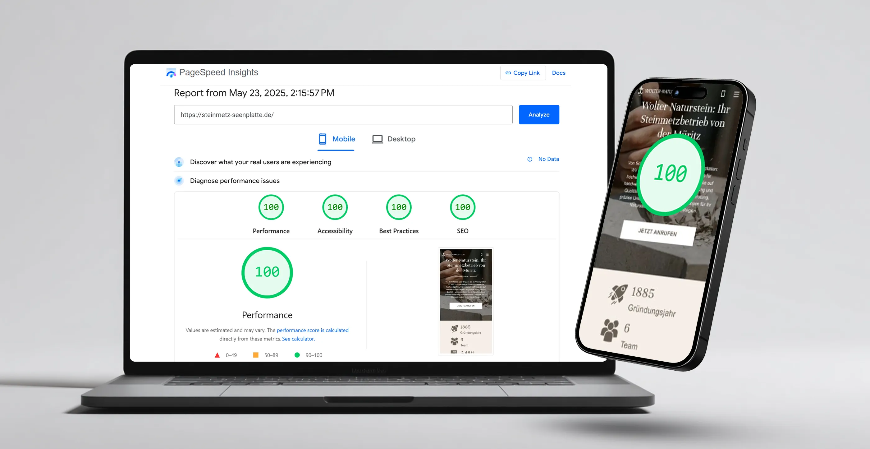 Google PageSpeed Insights perfekter Score 100% - Ideale Website-Geschwindigkeit und technische SEO-Optimierung auf Desktop und Mobile