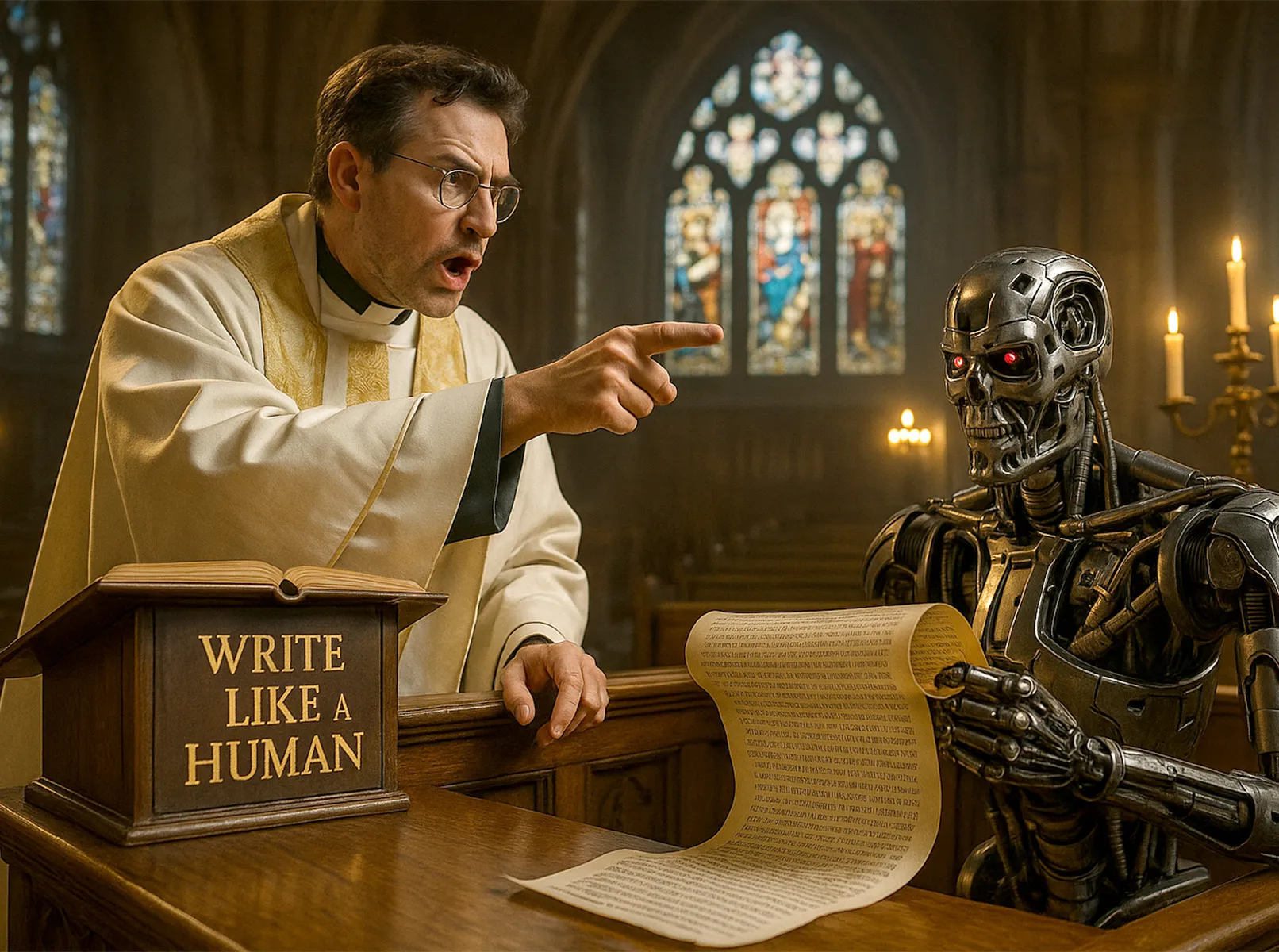 Priester predigt Roboter "Write like a Human" in Kirche - SEO Content für Menschen statt Maschinen schreiben