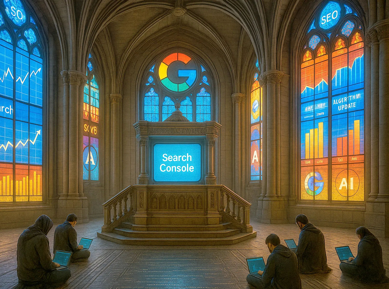 Gotische Kirche mit Google Search Console Altar und SEO-Mönchen mit Laptops beim täglichen Website-Monitoring - Kirchenfenster zeigen SEO-Metriken, Rankings und Algorithm Updates