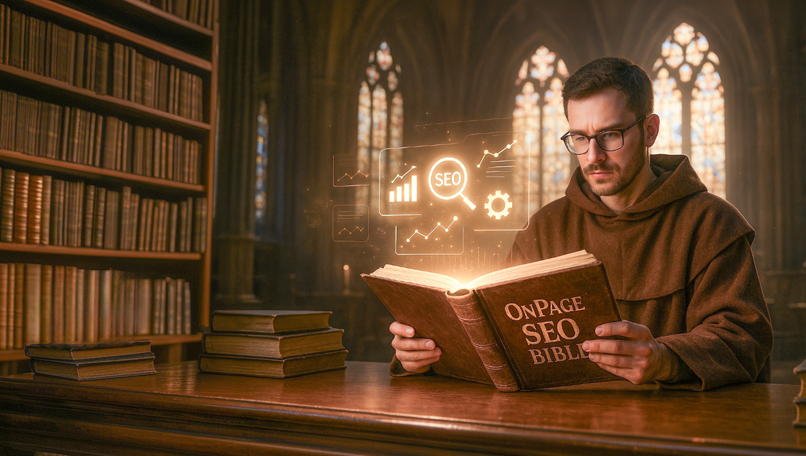 Monnik in kloosterbibliotheek leest OnPage SEO Bijbel voor beginners - eenvoudige SEO-optimalisatie stap voor stap uitgelegd met felle symbolen en gotische kerkvensters op de achtergrond
