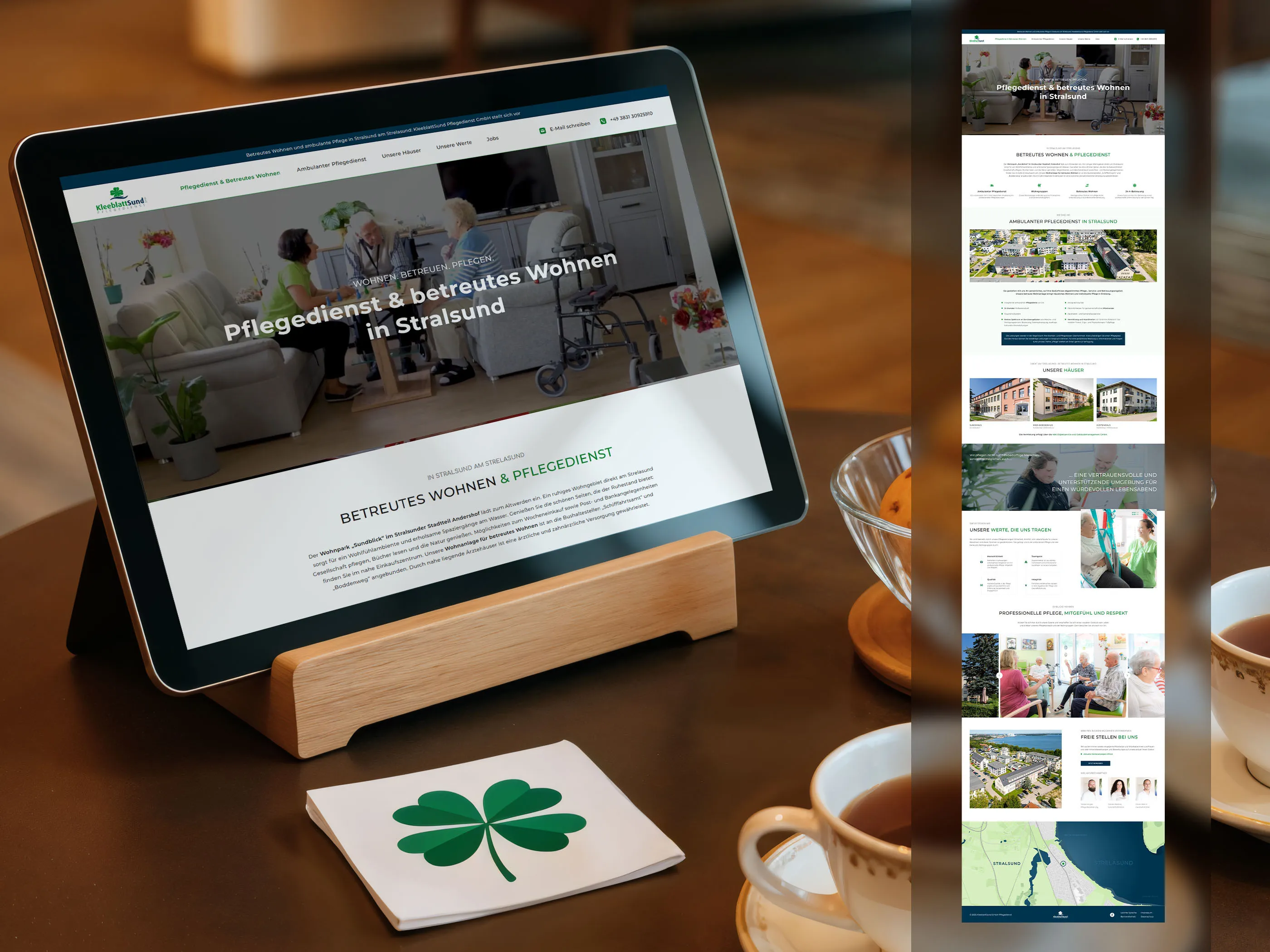Tablet zeigt moderne Pflegedienst-Website "Betreutes Wohnen in Stralsund" mit sauberem Design, klarer Struktur und einfacher technischer Umsetzung für schnelle Ladezeiten - komplette Seitenvo