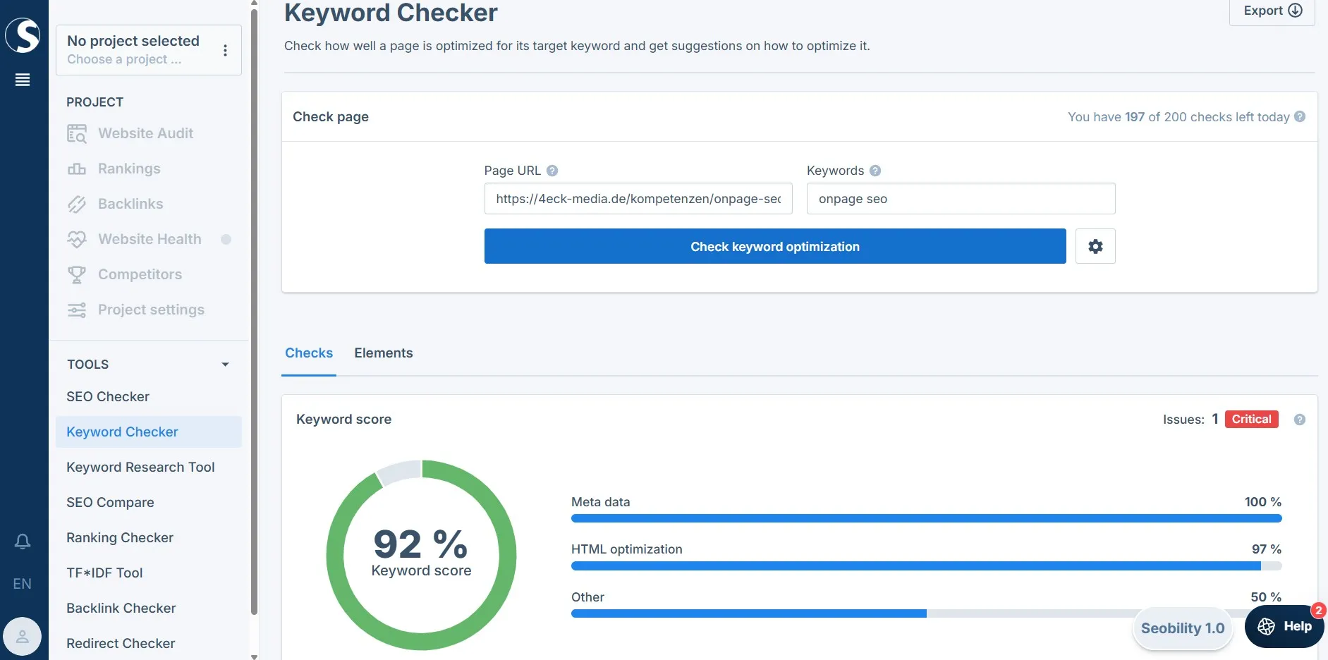 Seobility Keyword Checker - OnPage SEO Optimierung mit 92% Score prüfen Seobility Keyword Checker Interface zeigt OnPage SEO Analyse für "onpage seo" mit 92% Keyword Score, Meta Data 100%, HTML Optimierung 97% - SEO-Tool zur Überprüfung der Seitenoptimierung