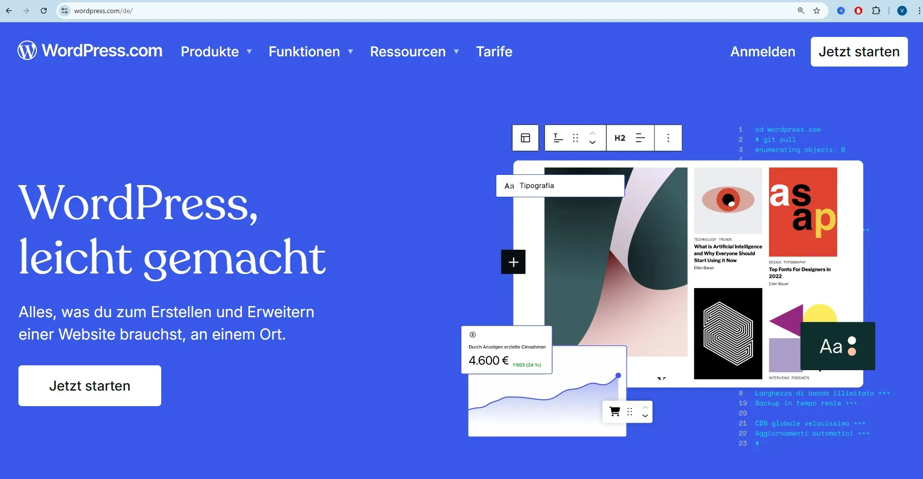 WordPress CMS - Die offizielle Website-Plattform für Anfänger und Profis WordPress.com offizielle Website mit "WordPress, leicht gemacht" Slogan - CMS-Plattform für Anfänger zum Erstellen und Erweitern von Websites mit Gutenberg Editor Interface