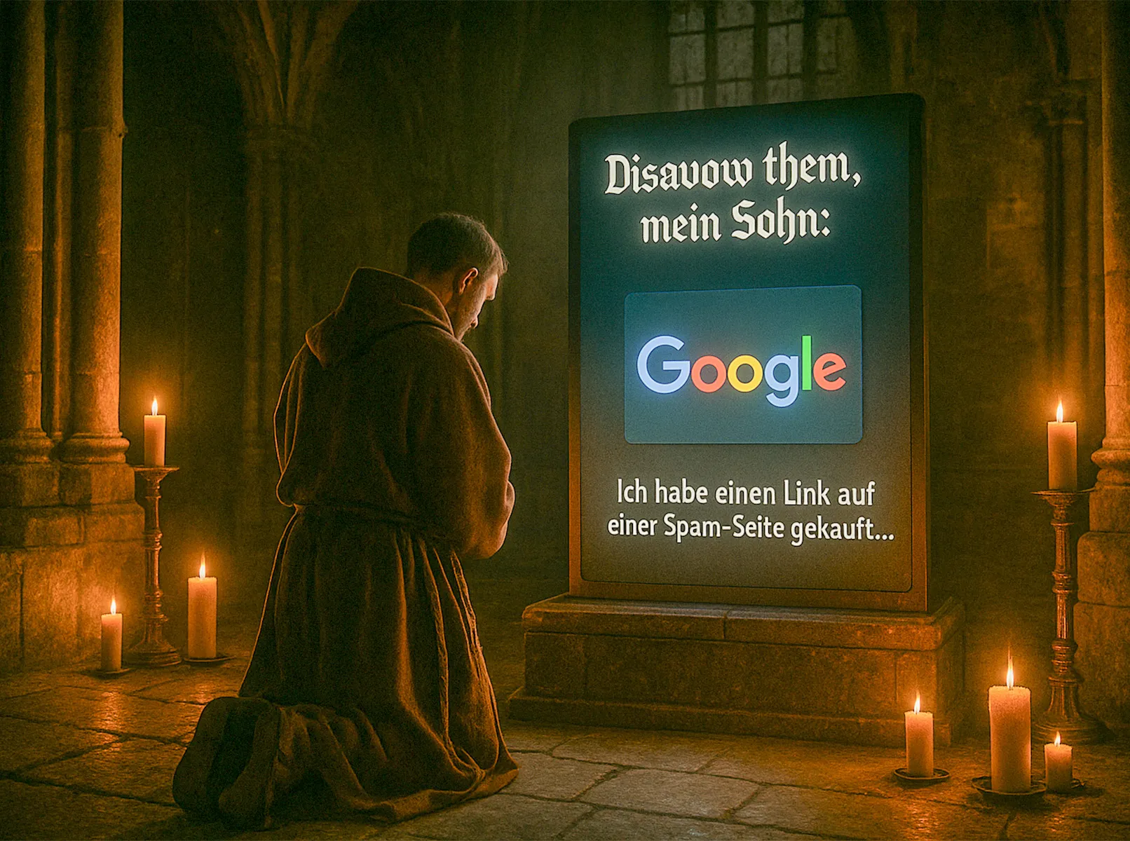 Black Hat SEO Beichte - Disavow Tool für toxische Backlinks bei Google Google Disavow Beichte - Mönch bekennt Spam-Link Sünden vor Google Altar in gotischer Kirche