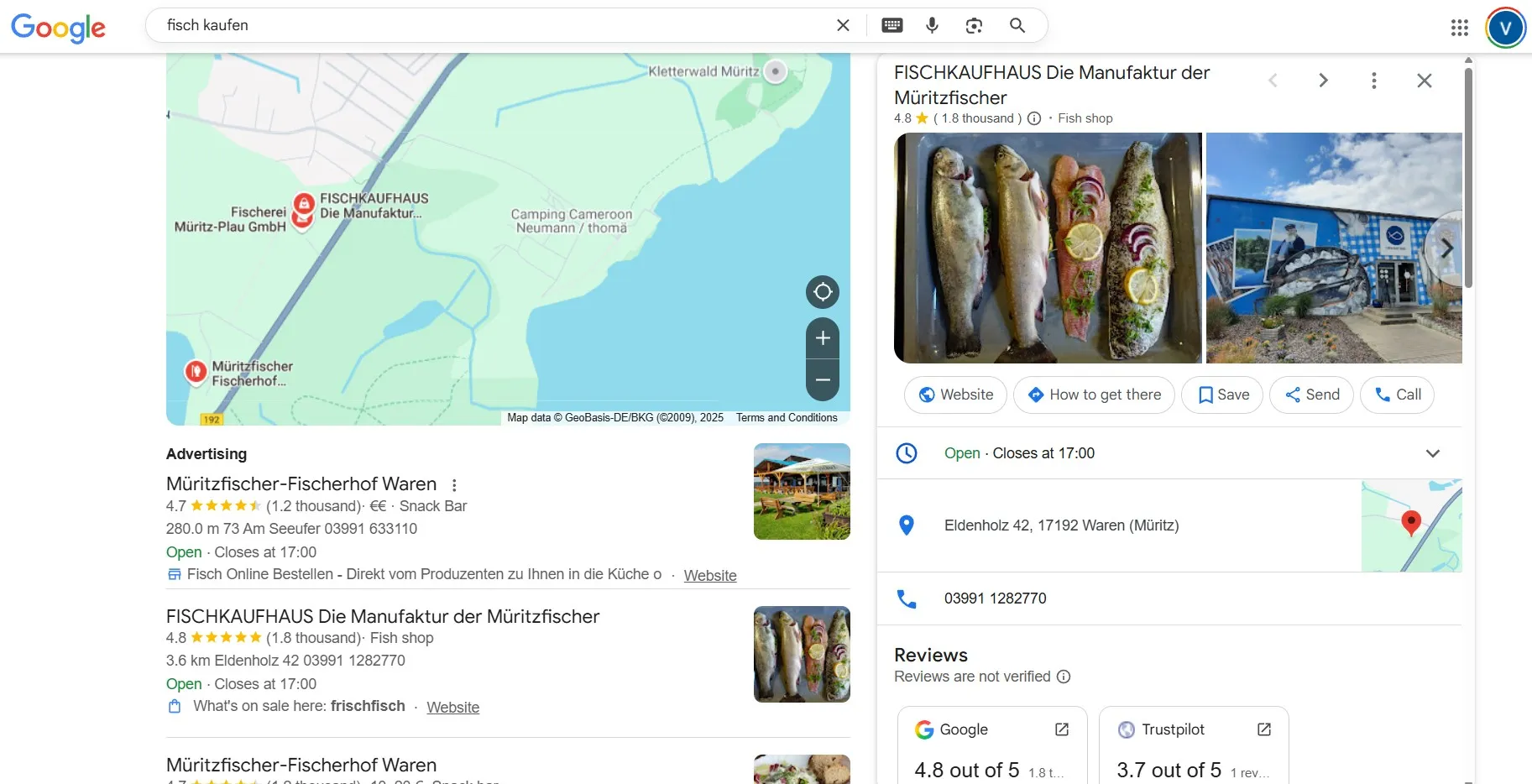 Google My Business Fischkaufhaus mit 1800 Bewertungen und 4,8 Sterne - perfektes lokales SEO Beispiel