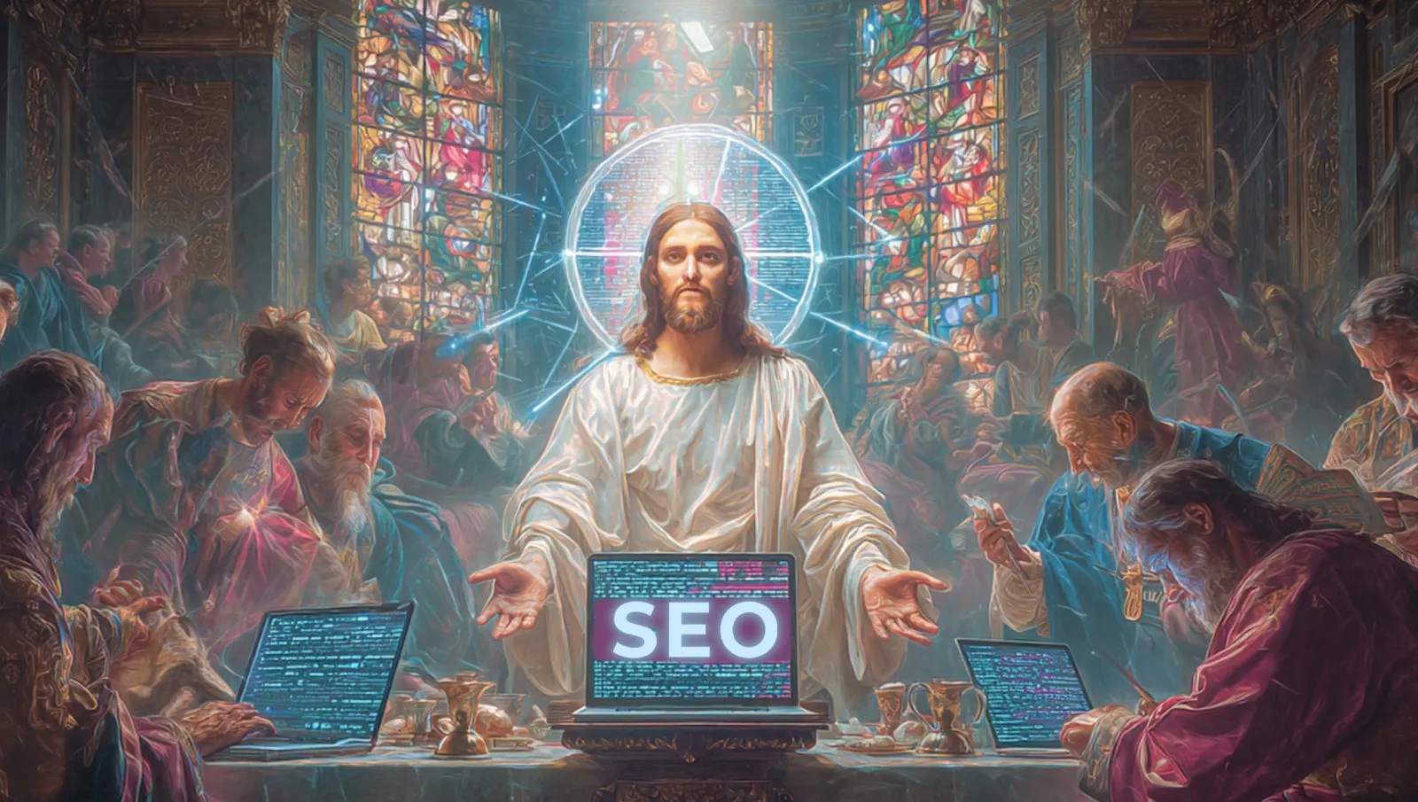 OffPage SEO Jesus segnet Backlink-Missionierung - Digitaler Segen für Website-Optimierung und Linkbuilding