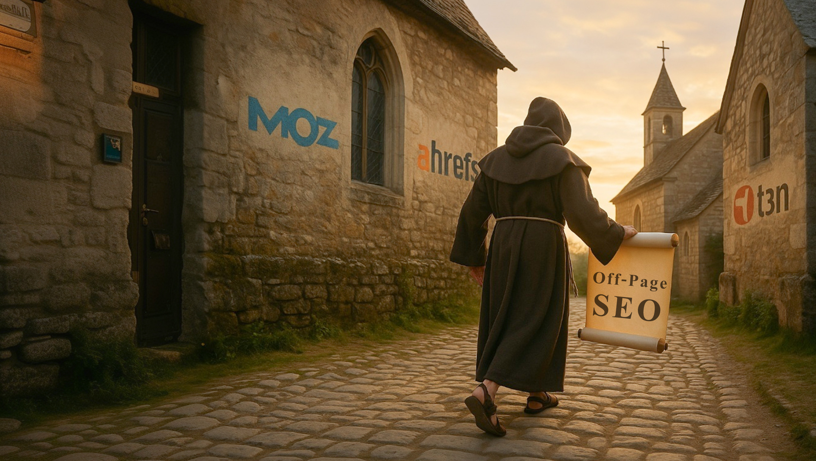 OffPage SEO Hero Afbeelding - Monnik met Backlink-Missie Schriftrol in middeleeuwse stad met Ahrefs en Moz logo's
