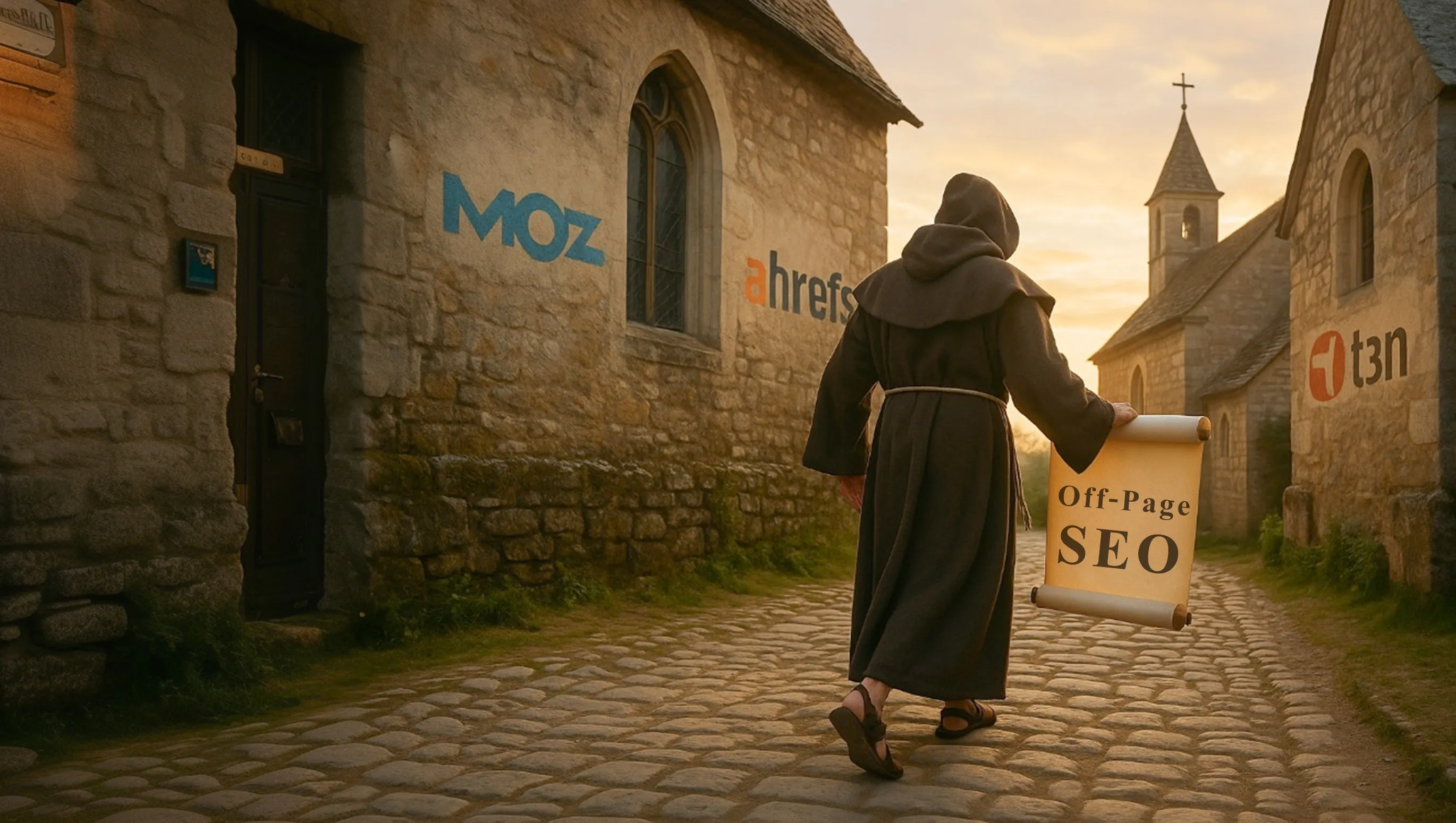 OffPage SEO Hero Image - Mönch mit Backlink-Missionierung Schriftrolle in mittelalterlicher Stadt mit Ahrefs und Moz Logos