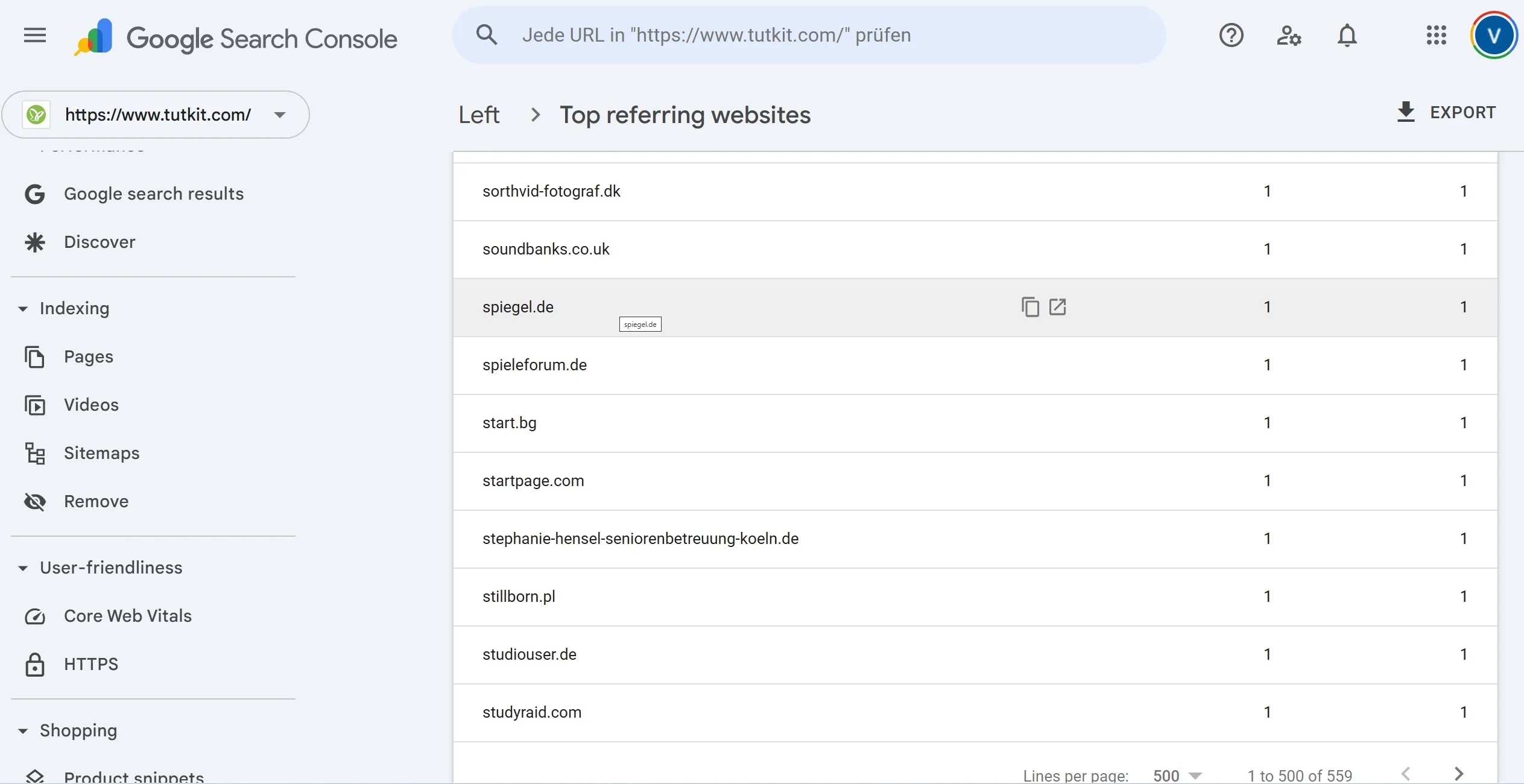 Qualitative Backlinks TutKit - Google Search Console zeigt Authority Links von Spiegel, Microsoft, Seobility TutKit Backlink-Profil mit hochwertigen Links von Spiegel.de, Microsoft und anderen Authority-Domains - natürliche SEO-Strategie ohne Linkkauf
