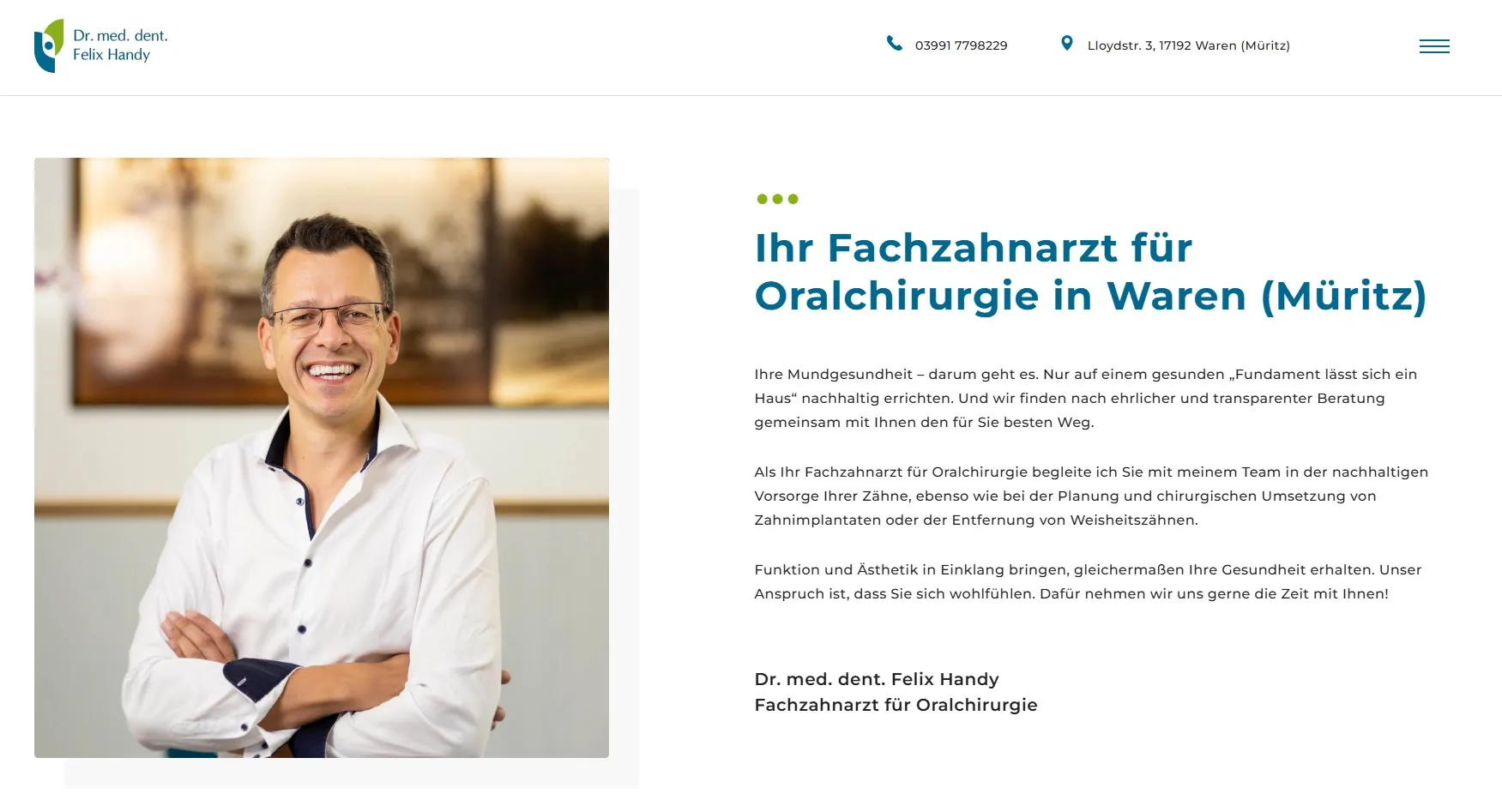 Dr. Felix Handy Oralchirurg Waren - Erfolgreiches Local SEO für Zahnärzte | TutKit Website von Dr. Felix Handy Oralchirurg in Waren (Müritz) - perfektes Beispiel für lokale SEO Optimierung einer Zahnarztpraxis mit regionaler Ausrichtung