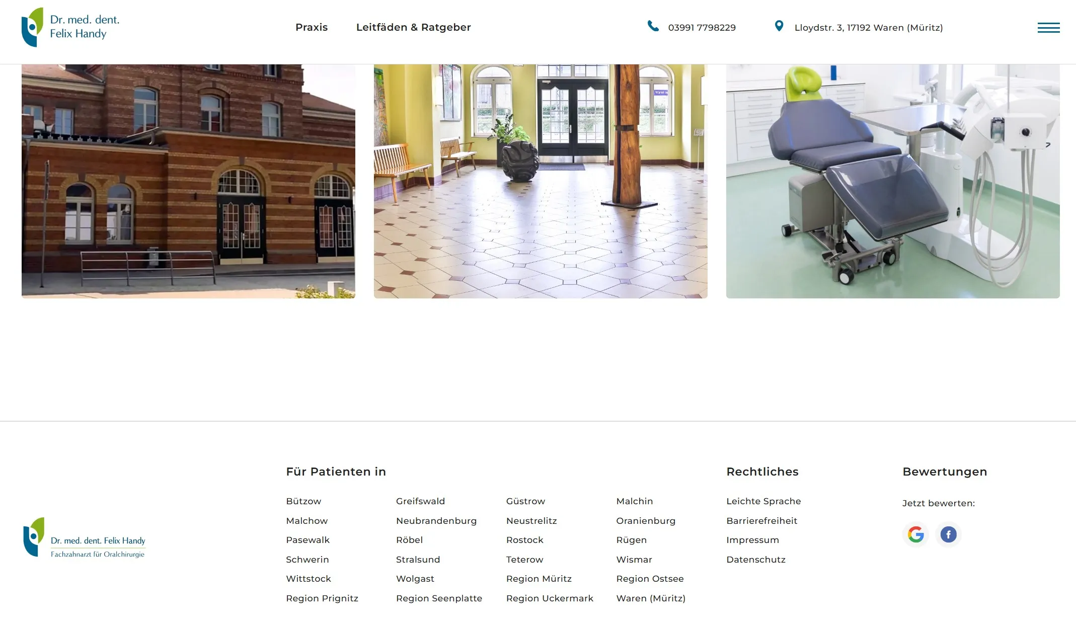 Footer mit Städte-Links: Local SEO Strategie am Beispiel Dr. Handy Zahnarztpraxis Website Footer von Dr. Felix Handy mit strategischen Links zu regionalen Städten - praktisches Beispiel für Local SEO Verlinkung und regionale Keyword-Optimierung
