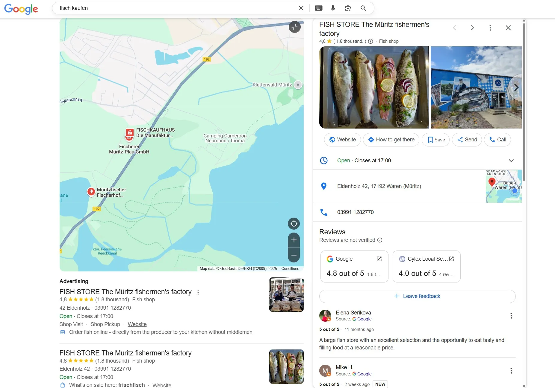 1800 Google Bewertungen: Perfektes Local SEO am Beispiel FISCHKAUFHAUS | TutKit Google Maps Suchergebnis für Fischkaufhaus Waren mit 1800 Bewertungen und 4,8 Sternen - perfektes Beispiel für erfolgreiches Local SEO und Google My Business Optimierung