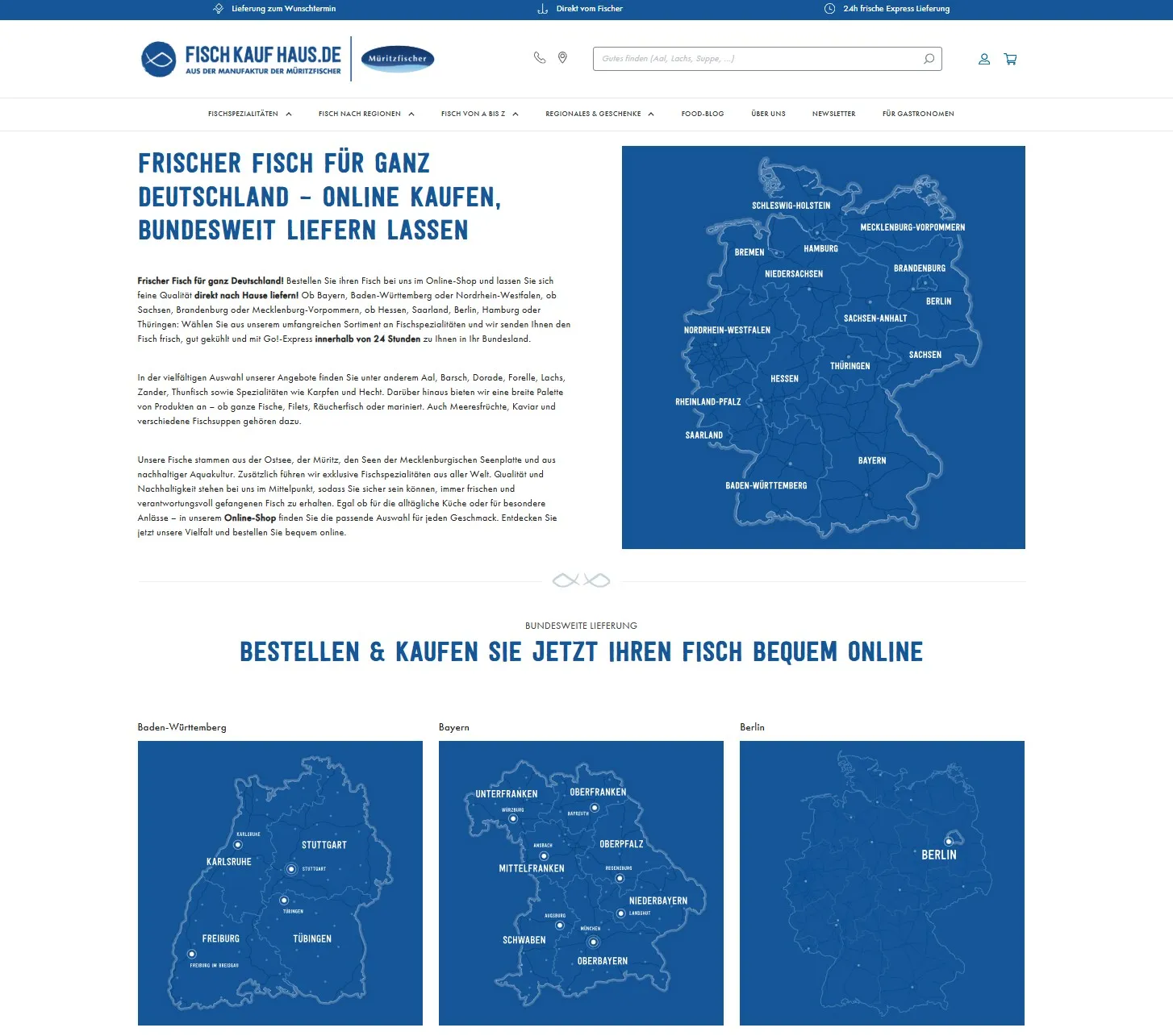 FISCHKAUFHAUS Liefergebiete: Deutschlandweite Local SEO Landing Pages Strategie FISCHKAUFHAUS Website mit Deutschlandkarte und regionalen Liefergebieten - perfekte Umsetzung von Local SEO Landing Pages für Online-Versandhandel