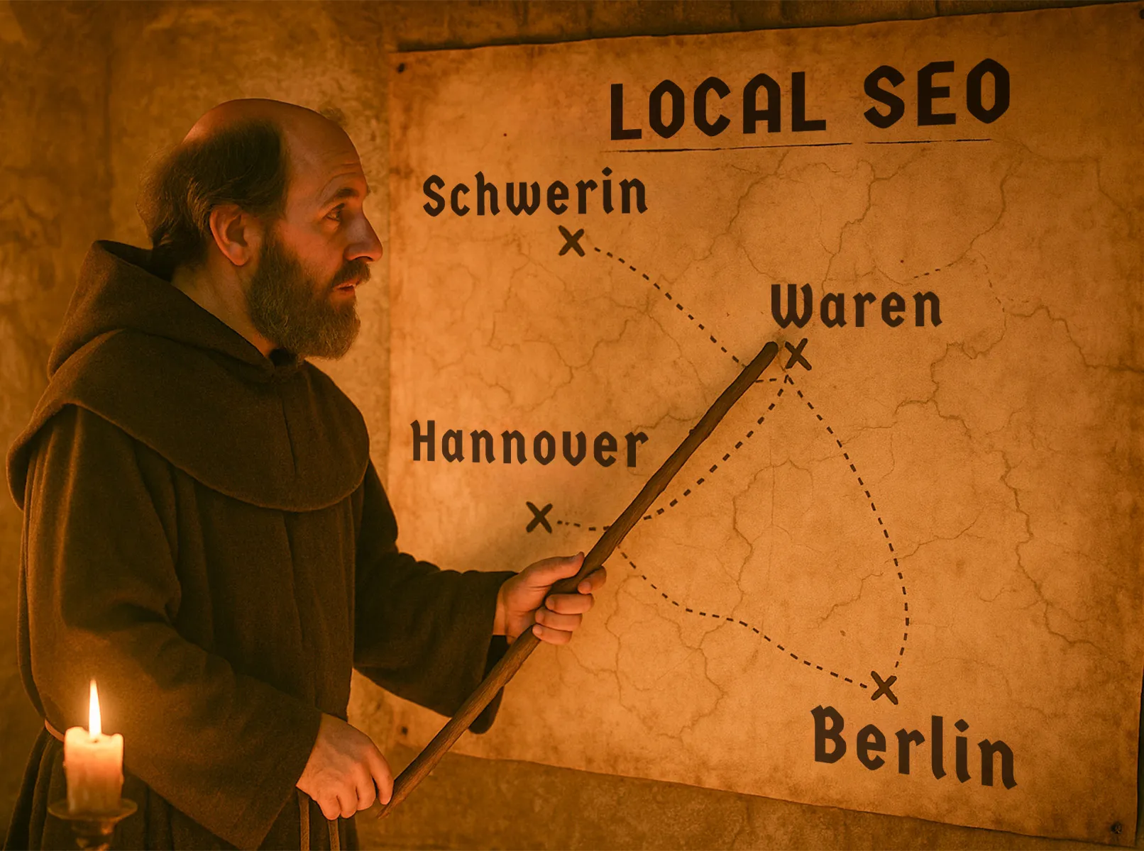 Local SEO Radius-Strategie: Welche Städte für Landing Pages wählen | TutKit Mönch mit Zeigestock vor alter Landkarte zeigt Local SEO Radius zwischen Städten Schwerin, Waren, Hannover und Berlin - regionale SEO Strategie