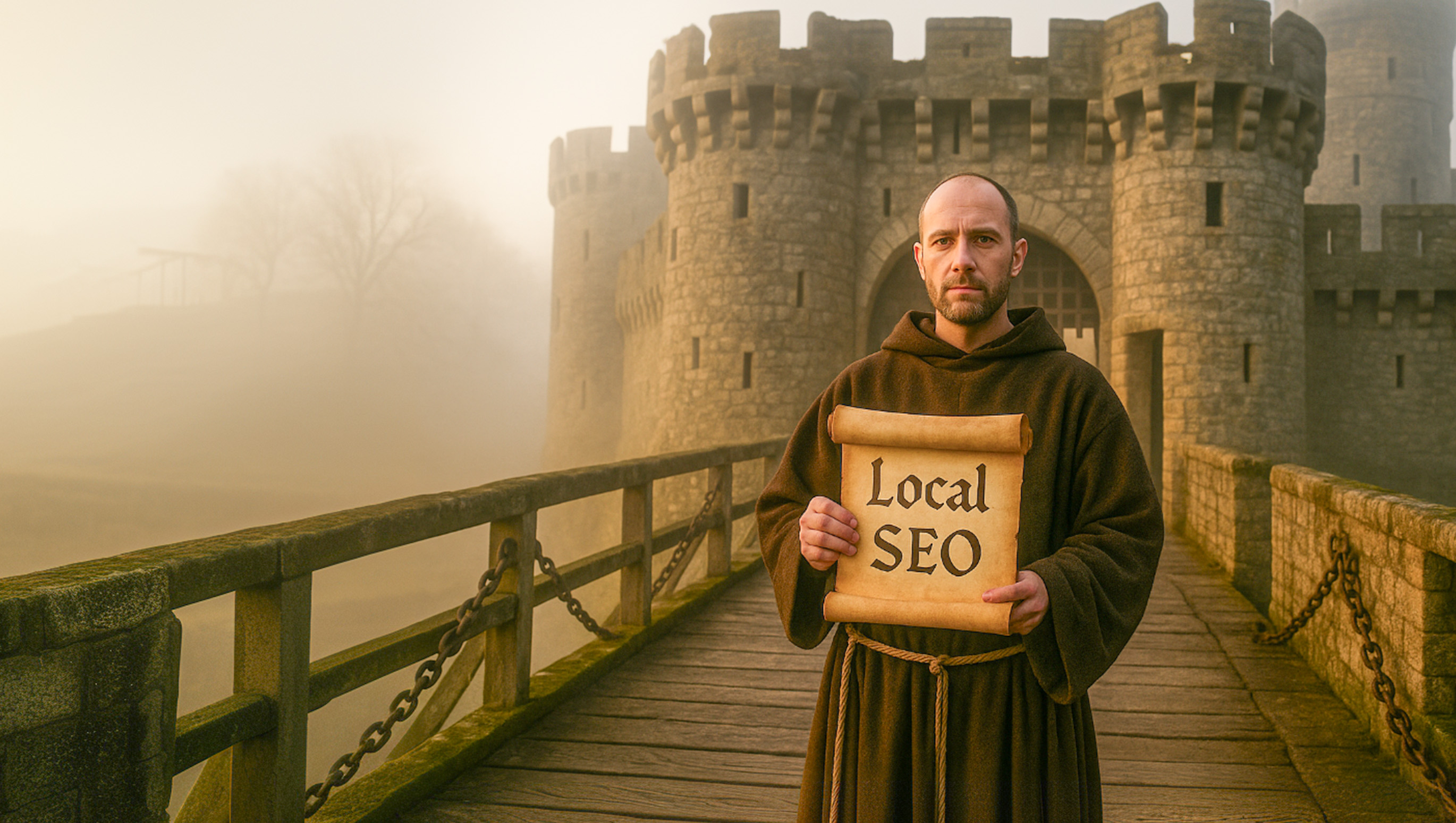 Mönch mit Local SEO Schriftrolle vor mittelalterlicher Burg - Symbol für die heiligen Gebote des lokalen SEO und regionale Suchmaschinenoptimierung