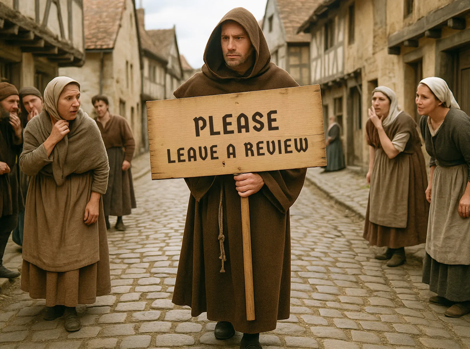 Google Bewertungen sammeln: Von mittelalterlichen Methoden zu modernen Strategien Mittelalterlicher Mönch mit "Please leave a review" Schild auf Dorfplatz - humorvolle Darstellung von Google Bewertungsstrategien und Local SEO Marketing