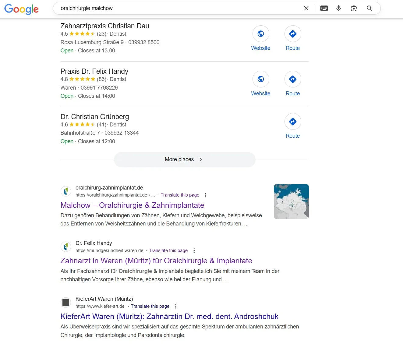 Dr. Handy dominiert Google: 2 Websites in Top 3 für "Oralchirurg Malchow" | Local SEO Google Suchergebnisse für "Oralchirurg Malchow" zeigen Dr. Felix Handy zweimal in Top 3 plus Google Maps - perfektes Beispiel für erfolgreiche Local SEO Dominanz