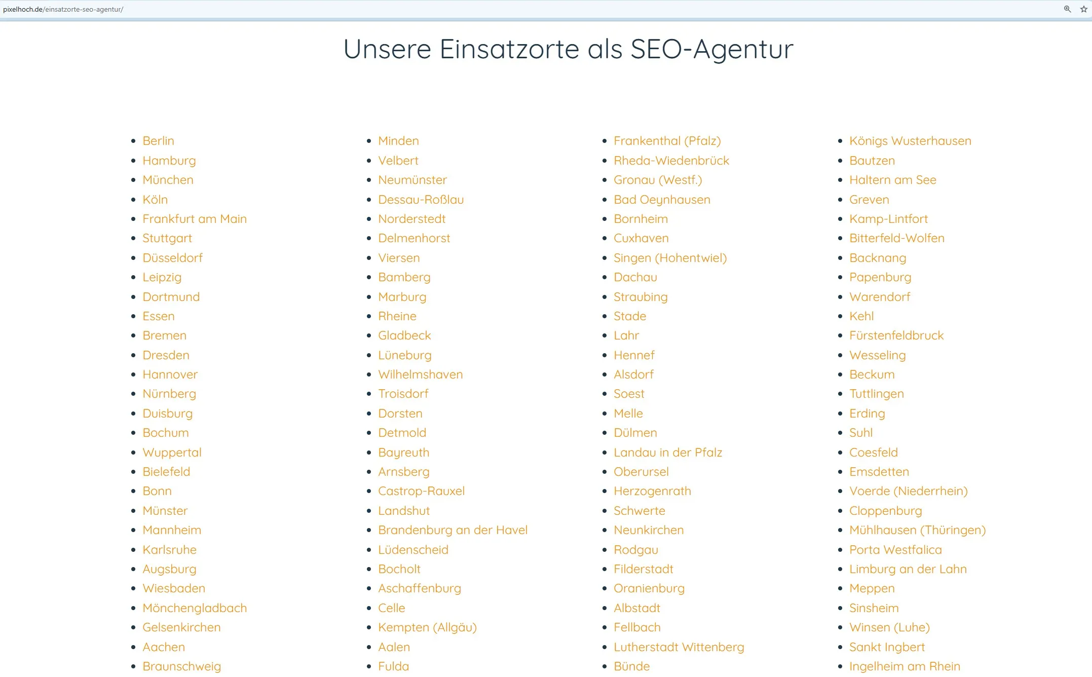 Pixelhoch SEO-Agentur: Deutschlandweite Local SEO Strategie ohne Kompromisse Pixelhoch SEO-Agentur Website zeigt Einsatzorte in ganz Deutschland - umfangreiche Local SEO Umsetzung mit Landing Pages für über 200 deutsche Städte