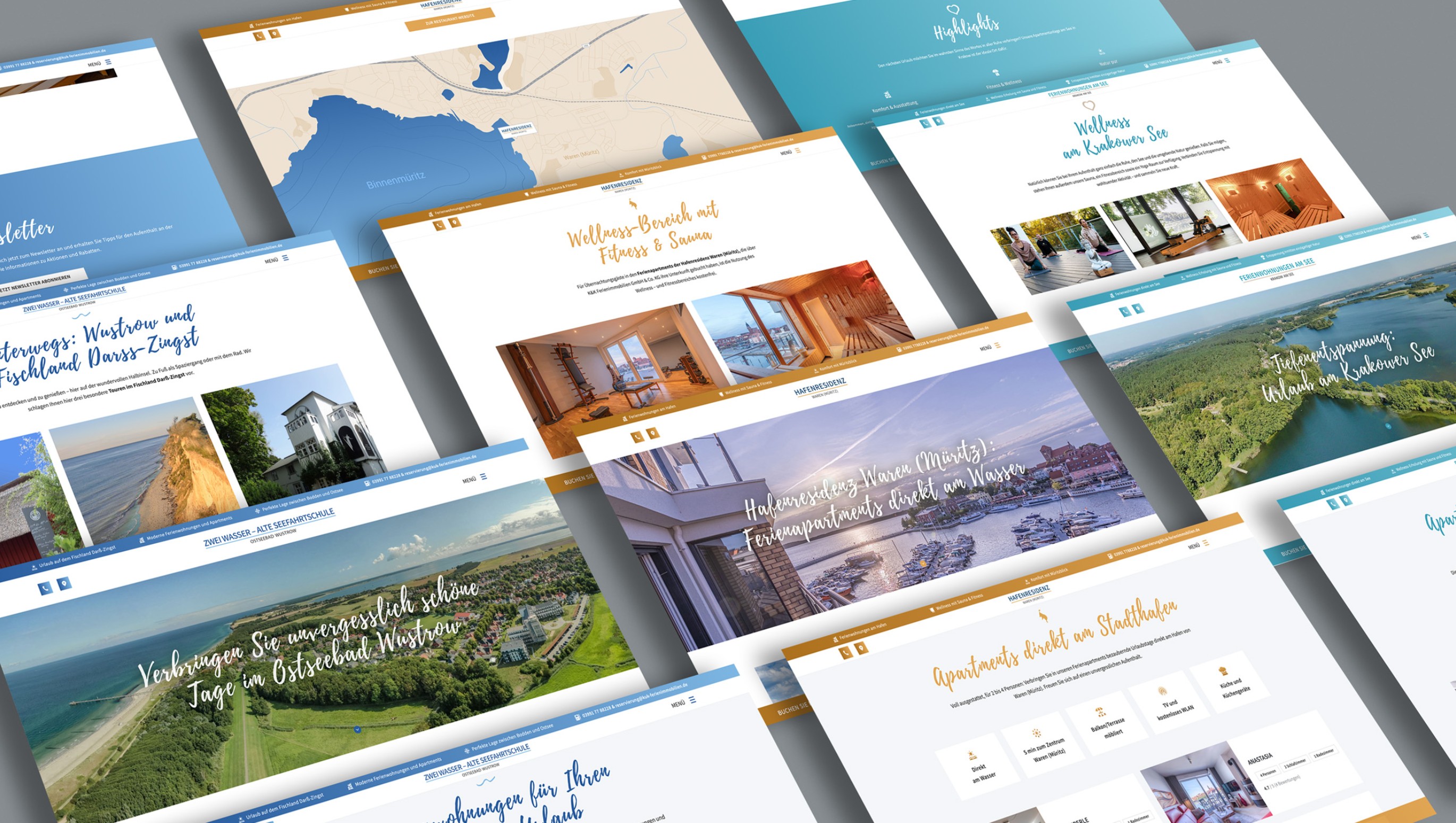 Multisite-Strategie Beispiel: Verschiedene lokale Websites von K&K Ferienwohnungen für Malchow, Waren, Wustrow, Krakow am See und Zingst in perspektivischer Darstellung
