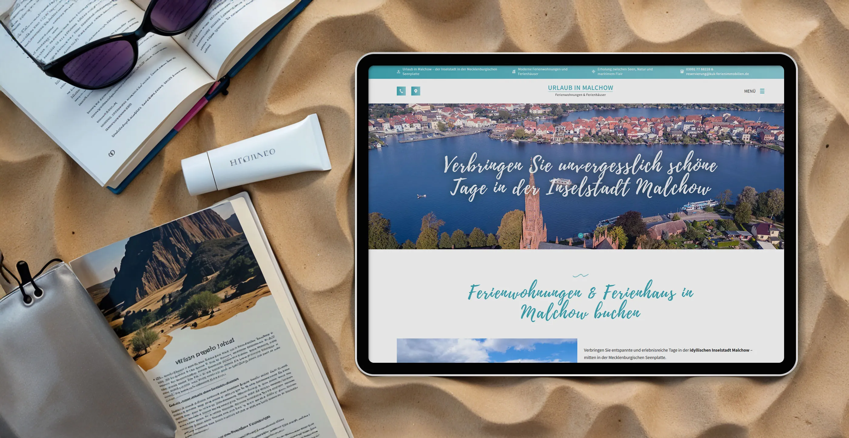 Urlaub in Malchow Website auf Tablet zeigt Inselstadt mit Drehbrücke - lokales SEO für Mecklenburgische Seenplatte