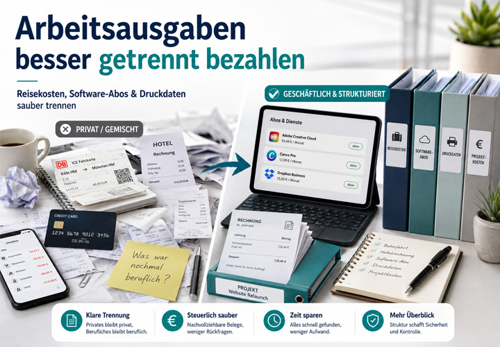 Reisekosten, Software-Abos, Druckdaten: Welche Arbeitsausgaben du besser getrennt bezahlst