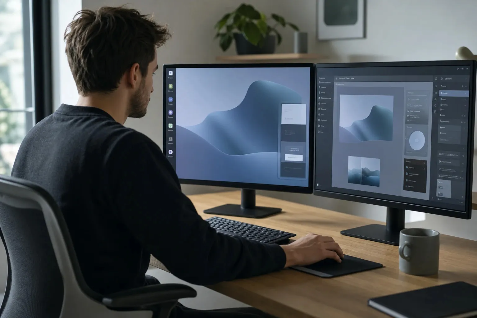 Designer testet eine vertikale Taskleiste am Arbeitsplatz Designer testet eine vertikale Taskleiste am Arbeitsplatz