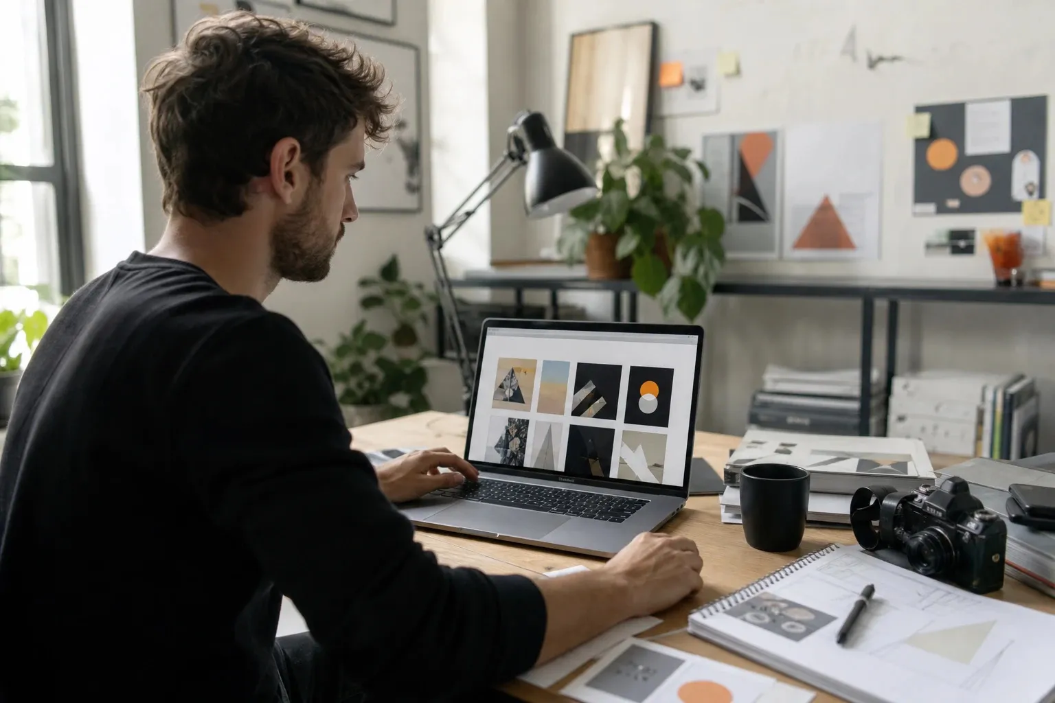 Designer prüft sein digitales Portfolio am Schreibtisch Designer prüft sein digitales Portfolio am Schreibtisch