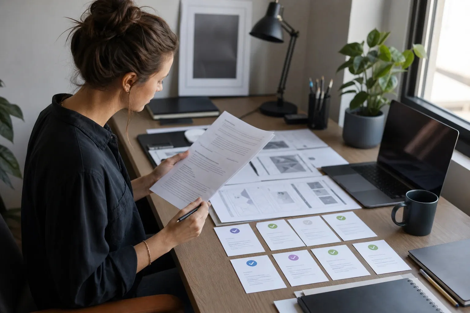 Designer prüft ein Angebot neben Website-Wireframes Designer prüft ein Angebot neben Website-Wireframes