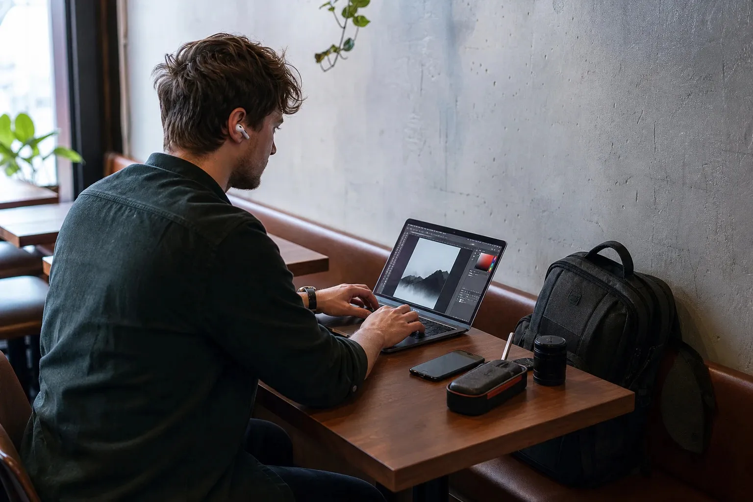 Freelancer arbeitet im Caf&eacute; mit Notebook und Smartphone-Hotspot