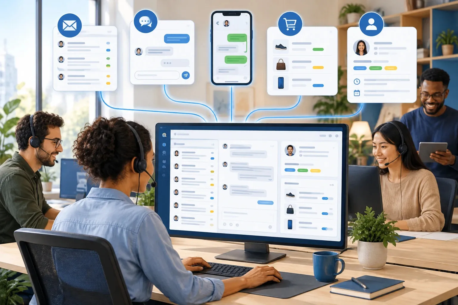 Support-Team vor einer vernetzten Service-Oberfläche Support-Team vor einer vernetzten Service-Oberfläche