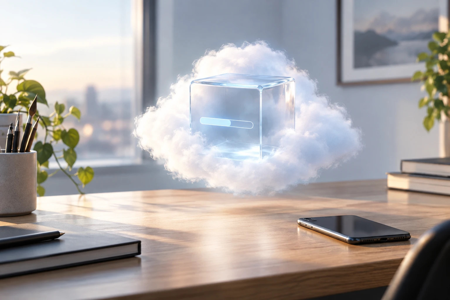 Ein leuchtender Computerwürfel in einer Wolke arbeitet neben einem geschlossenen Smartphone.